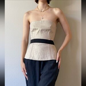 Dolce&Gabbana Vintage Beige Linen Blend Bustier Top Black Ribbon Women’s Size 46